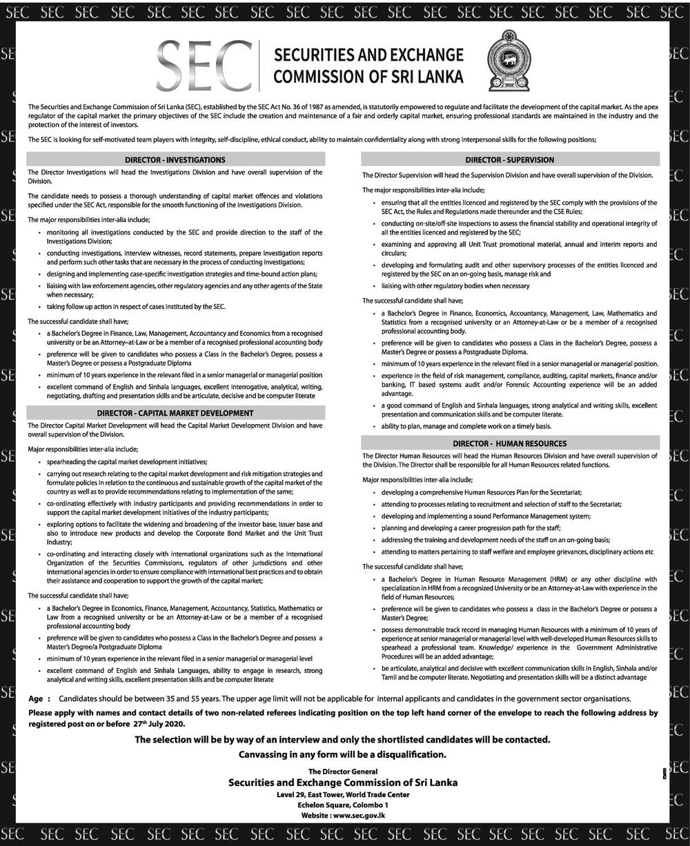 Director (Investigations, Capital Market Development, Supervision, Human Resources) – Securities and Exchange Commission of Sri Lanka