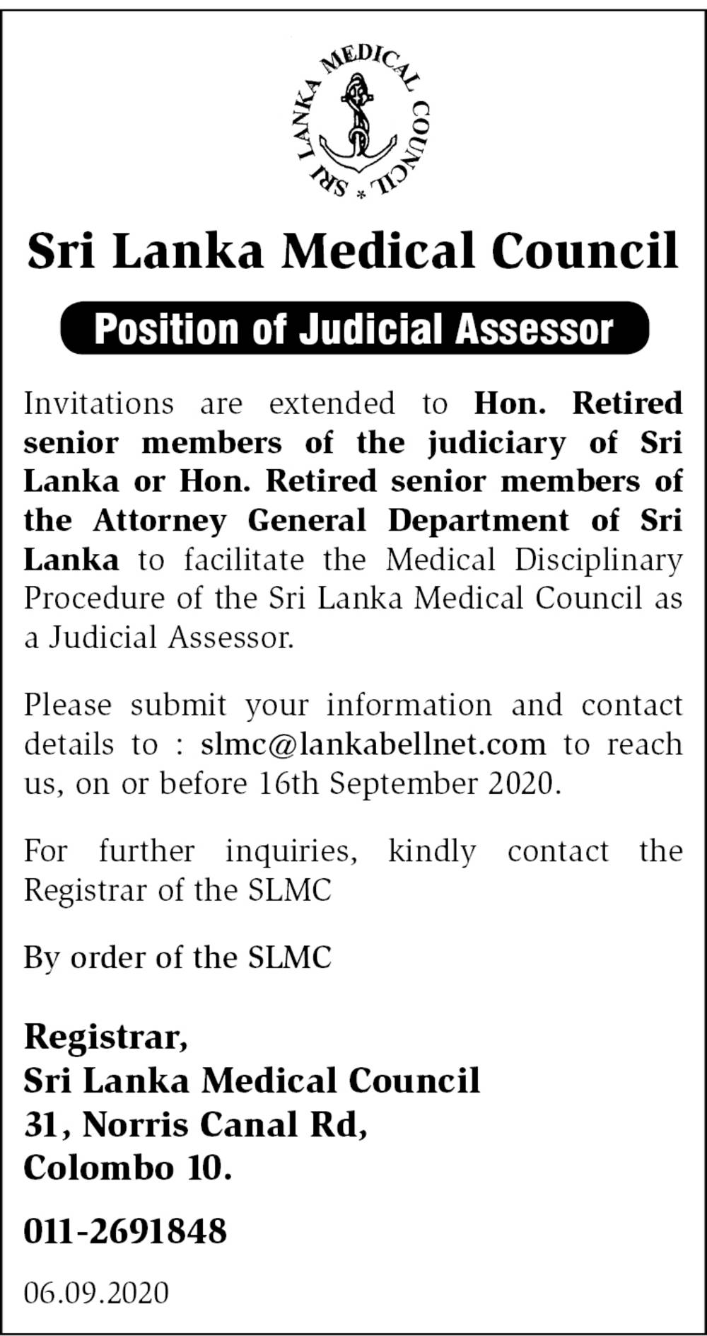 Judicial Assessor – Sri Lanka Medical Council