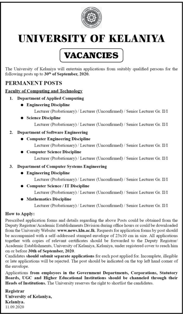 Lecturer (Probationary), Lecturer (Unconfirmed), Senior Lecturer (II / I) – Faculty of Computing and Technology – University of Kelaniya 2