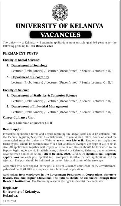 Lecturer (Probationary), Lecturer (Unconfirmed), Senior Lecturer (II / I), Career Guidance Counsellor (Grade II) – University of Kelaniya 2