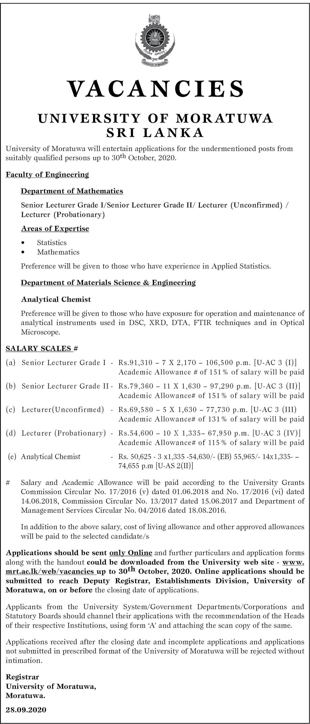 Senior Lecturer (Grade I / II), Lecturer (Unconfirmed), Lecturer (Probationary), Analytical Chemist – Faculty of Engineering – University of Moratuwa