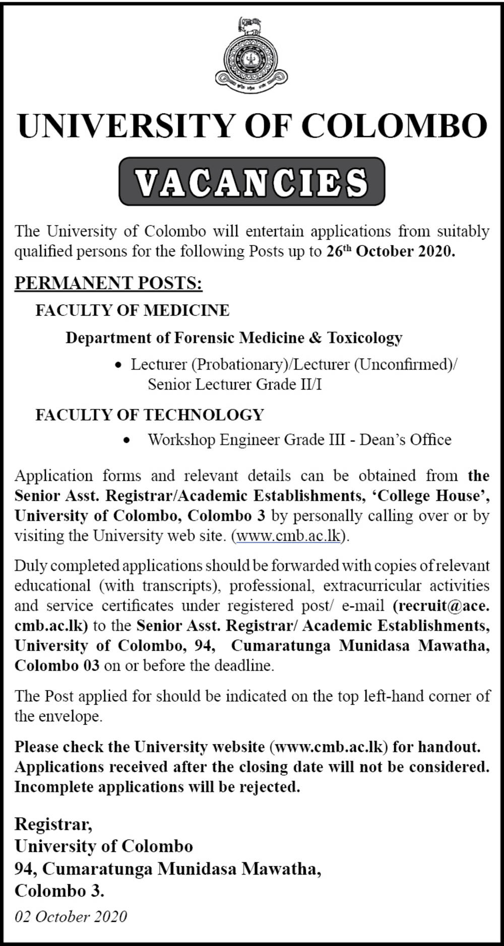 Lecturer (Probationary), Lecturer (Unconfirmed), Senior Lecturer (Grade II / I), Workshop Engineer (Grade III) – University of Colombo