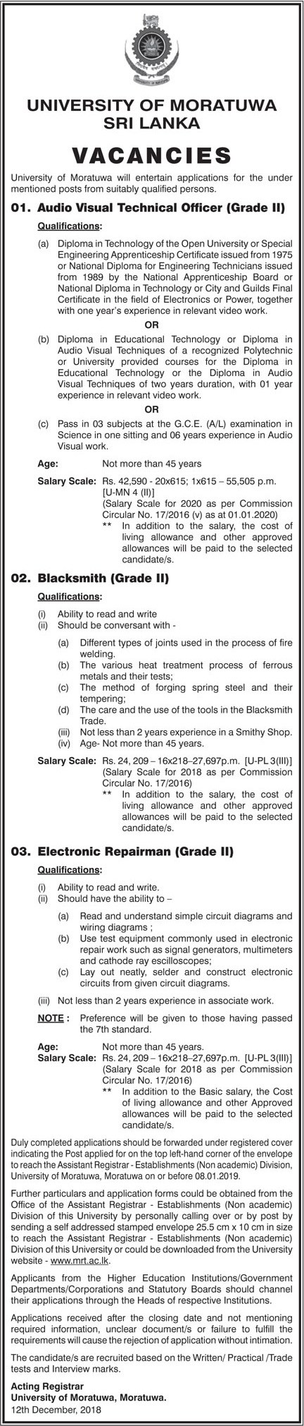 Grade II of Audio Visual Technical Officer, Blacksmith, Electronic Repairman – University of Moratuwa