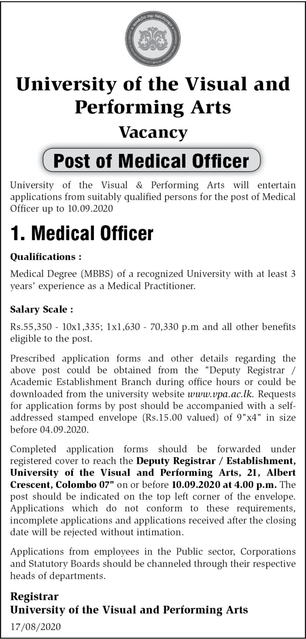 Medical Officer – University of the Visual and Performing Arts