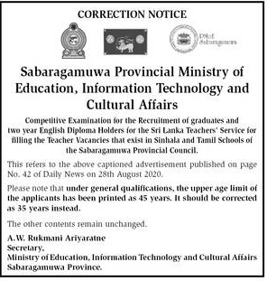 Competitive Examination for Recruitment of Graduates and Two Year English Diploma Holders for Sri Lanka Teachers Service 2020 – Sabaragamuwa Provincial Council