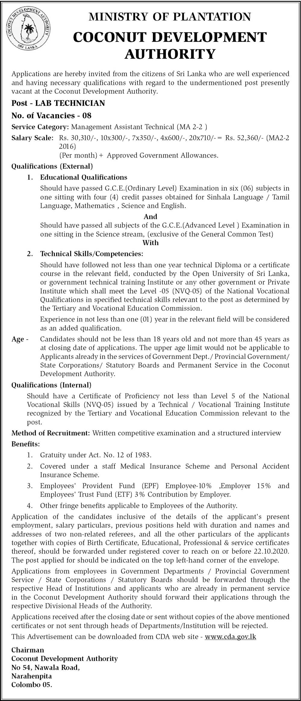 Lab Technician – Coconut Development Authority