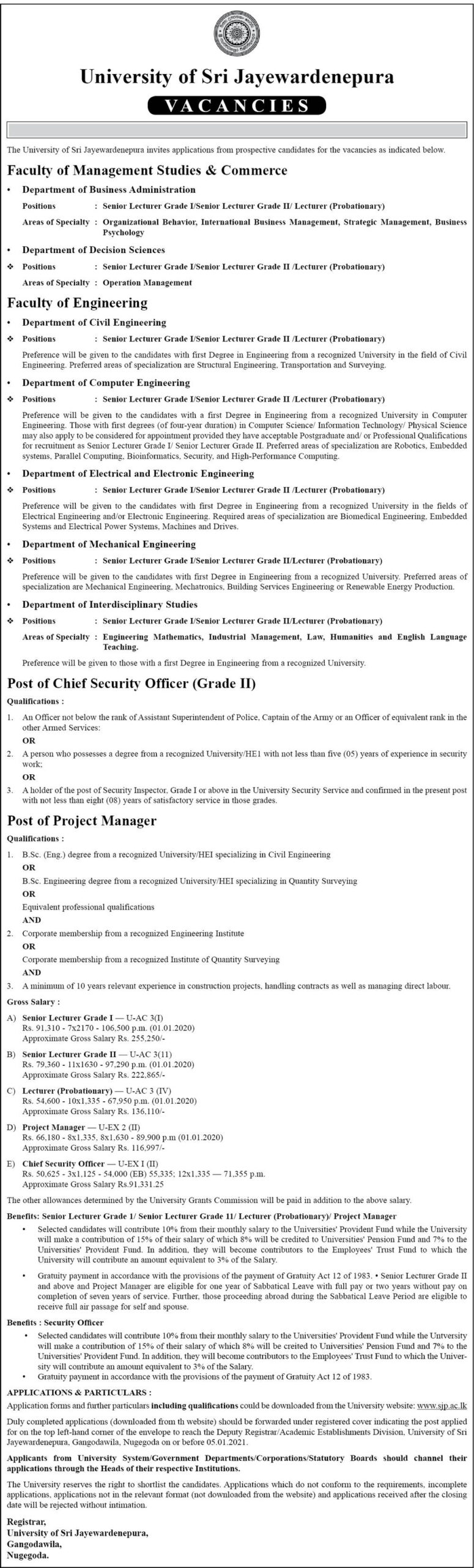 Senior Lecturer (Grade I / II), Lecturer (Probationary), Project Manager, Chief Security Officer (Grade II) – University of Sri Jayewardenepura