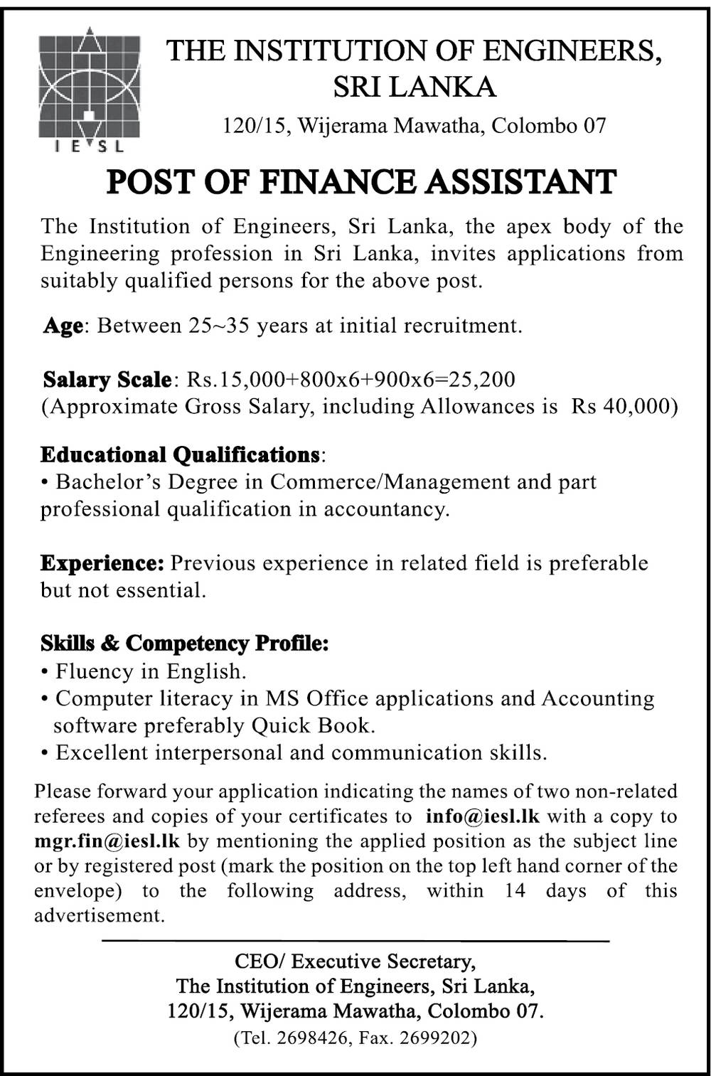 Finance Assistant – The Institution of Engineers Sri Lanka