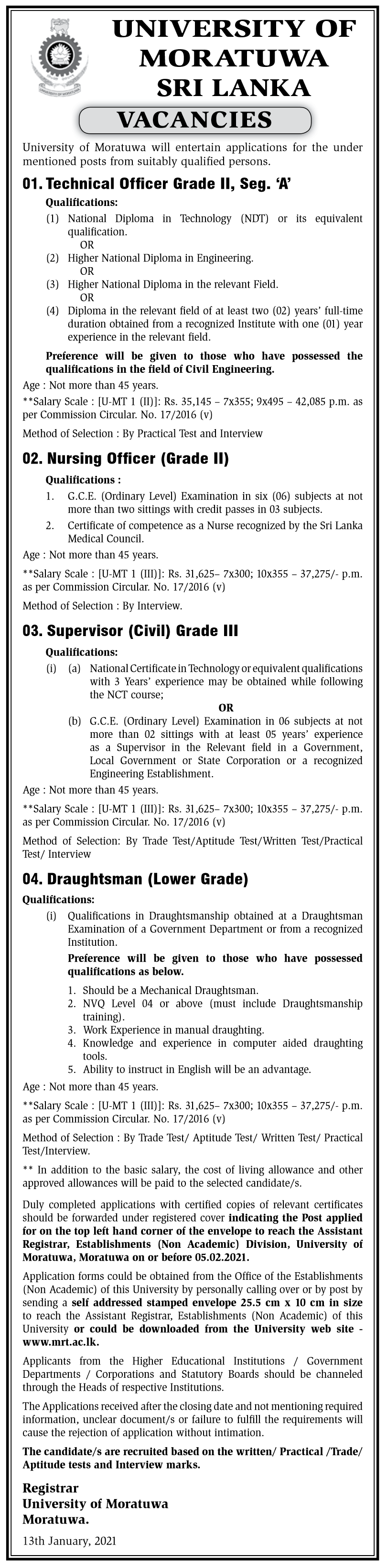 Technical Officer, Nursing Officer, Supervisor (Civil), Draughtsman – University of Moratuwa 2