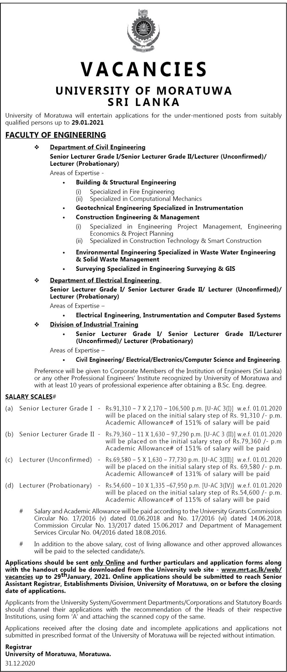 Senior Lecturer (Grade I / II), Lecturer (Unconfirmed), Lecturer (Probationary) – Faculty of Engineering – University of Moratuwa