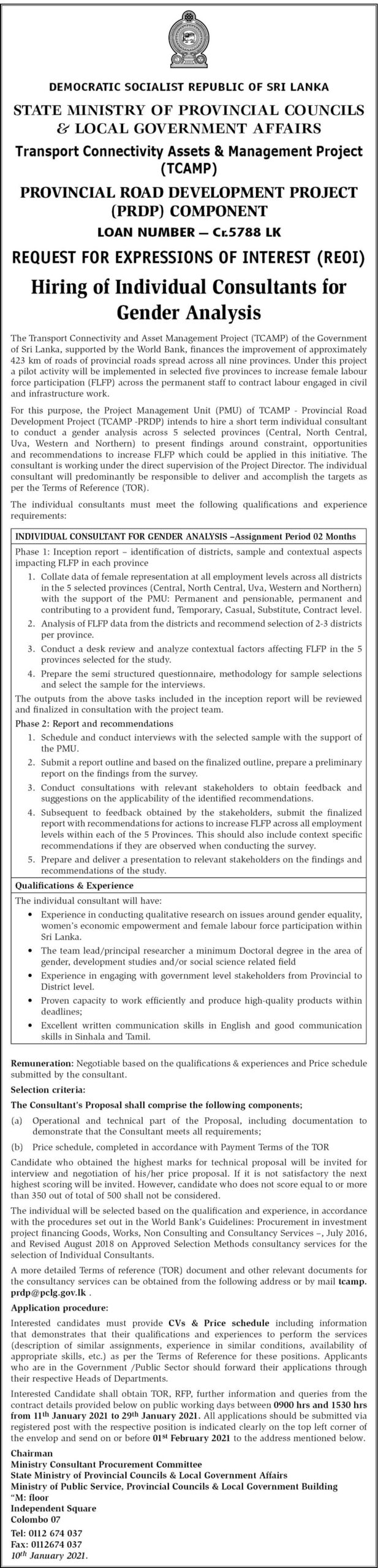 Individual Consultant – State Ministry of Provincial Councils and Local Government Affairs