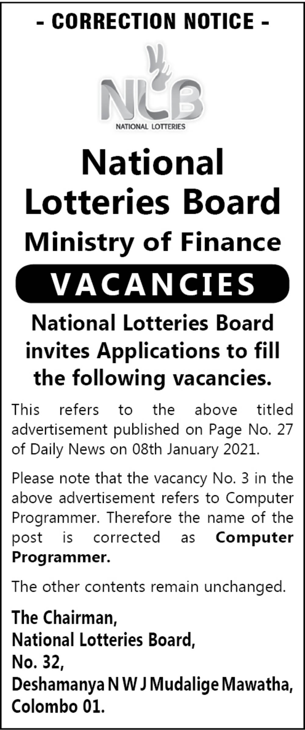 Deputy General Manager (Finance), System Administrator / Programme Analyst, Computer Programmer – National Lotteries Board