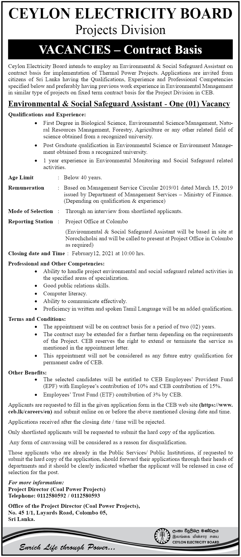 Environmental and Social Safeguard Assistant in Coal Power Projects (Contract Basis) – Ceylon Electricity Board english