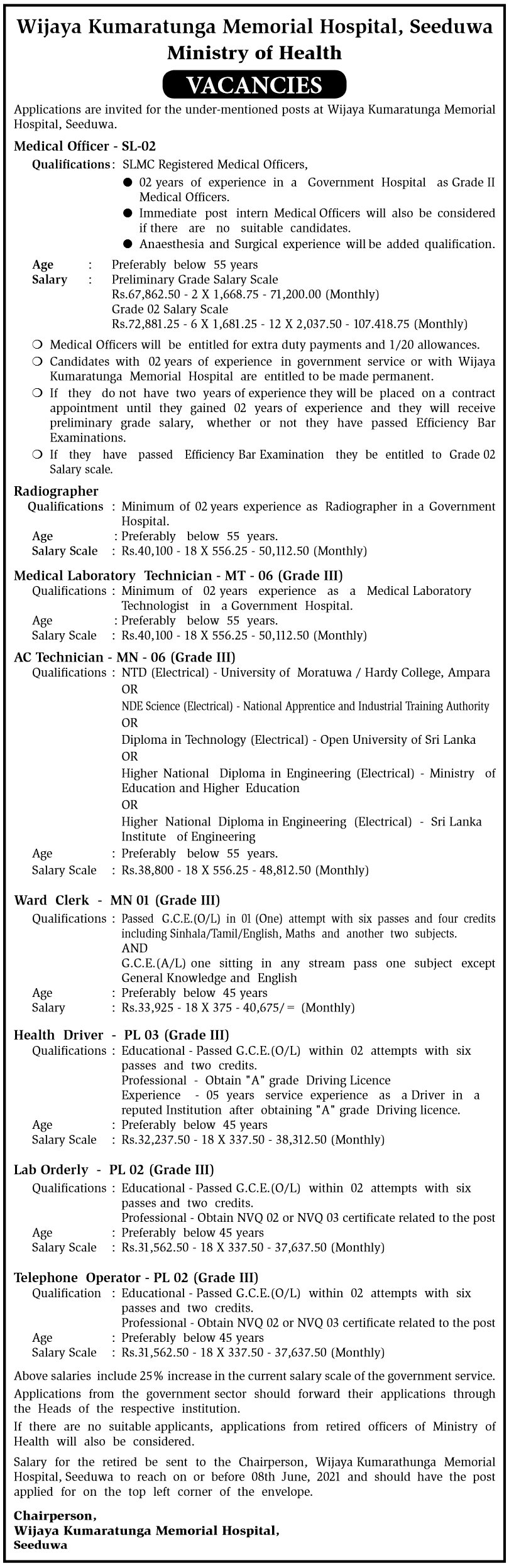 Wijaya Kumaratunga Memorial Hospital, Seeduwa Vacancies 2022