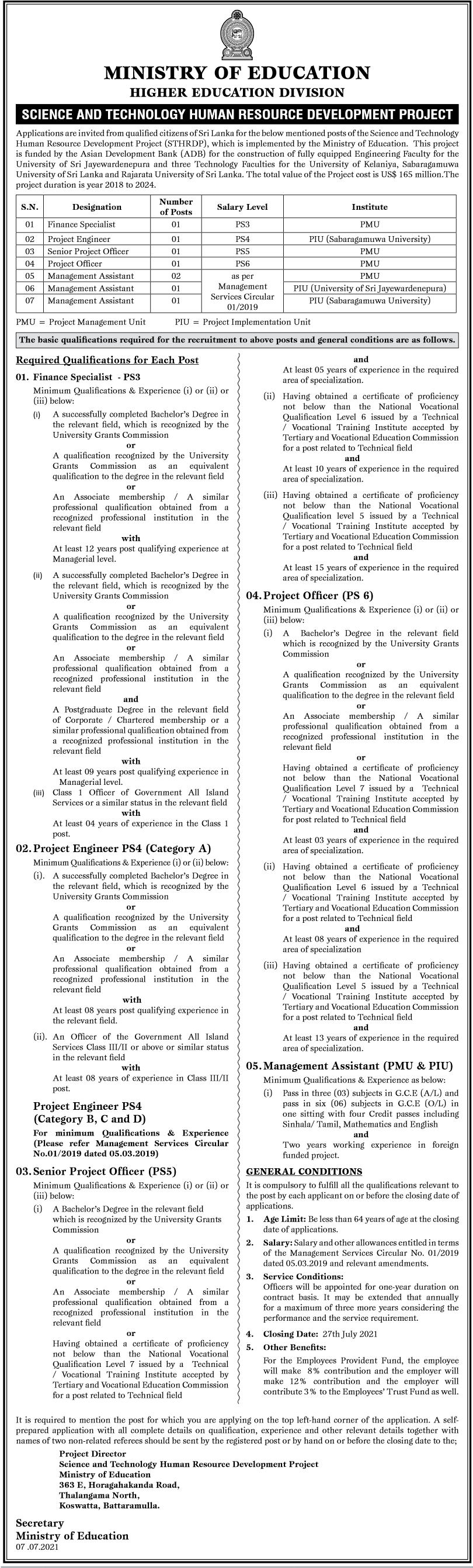 Management Assistant, Project Officer, Senior Project Officer, Project Engineer, Finance Specialist 2021 – Science and Technology Human Resource Development Project