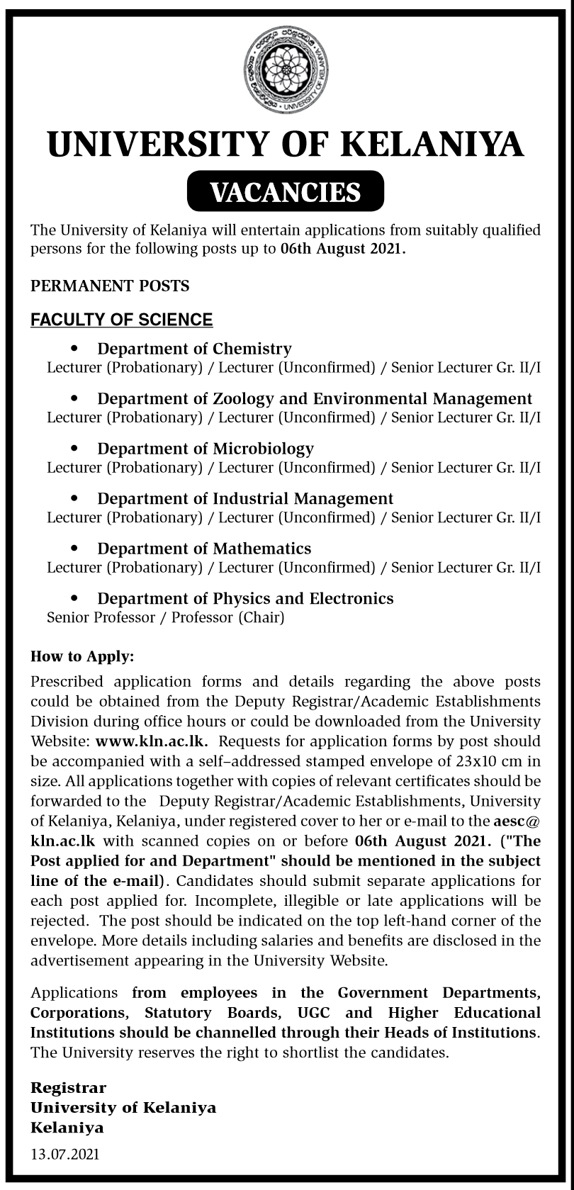 Lecturer (Probationary); Lecturer (Unconfirmed); Senior Lecturer (Grade II / I); Senior Professor; Professor 2021 2