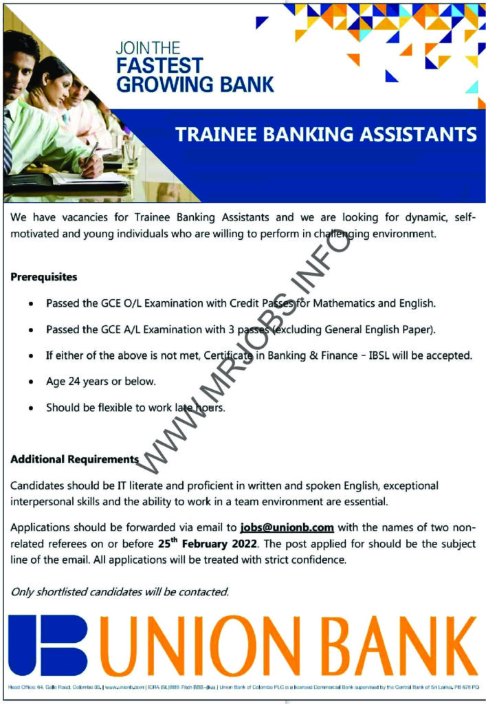 Trainee Banking Assistants - Union Bank Vacancies 2022