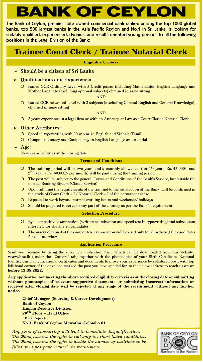 Bank of Ceylon Vacancies 2022 - Trainee Court Clerk & Notarial Clerk  english