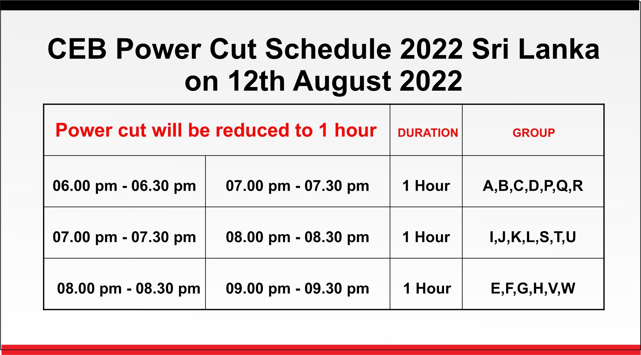 CEB Power Cut Schedule 2022 Sri Lanka on 12th August 2022