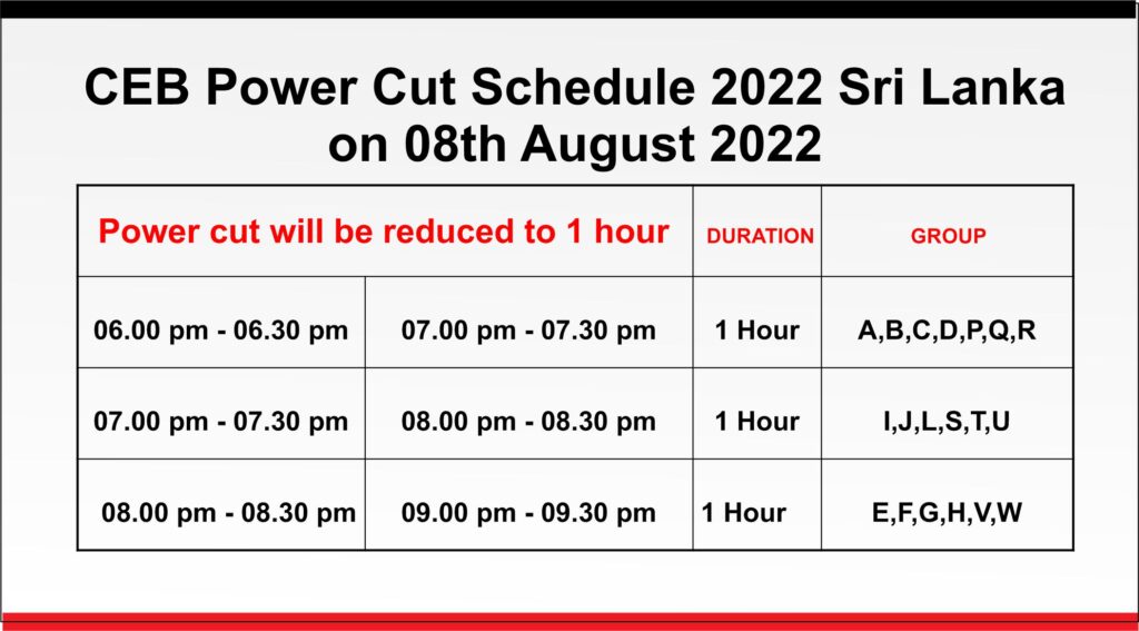 CEB Sri Lanka Power Cut Schedule on 8th August 2022