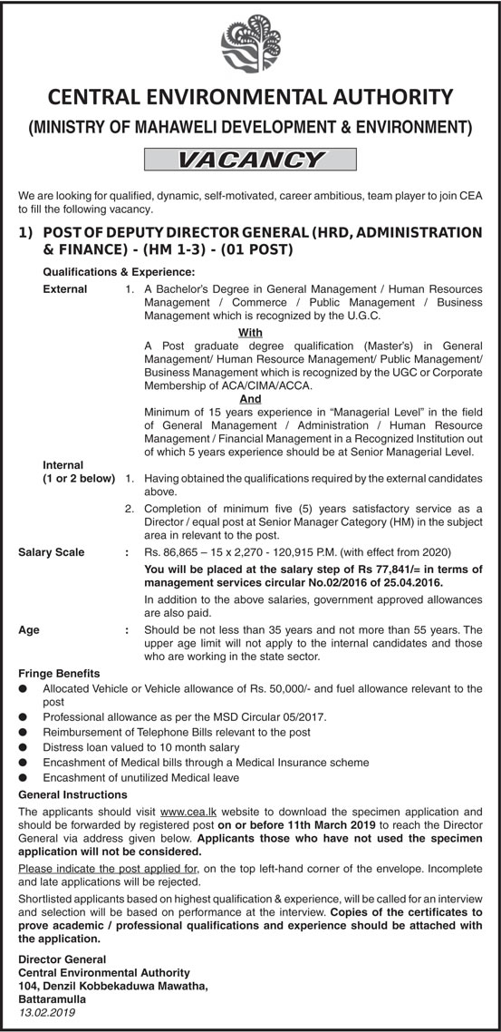 Deputy Director General – Central Environmental Authority 2019