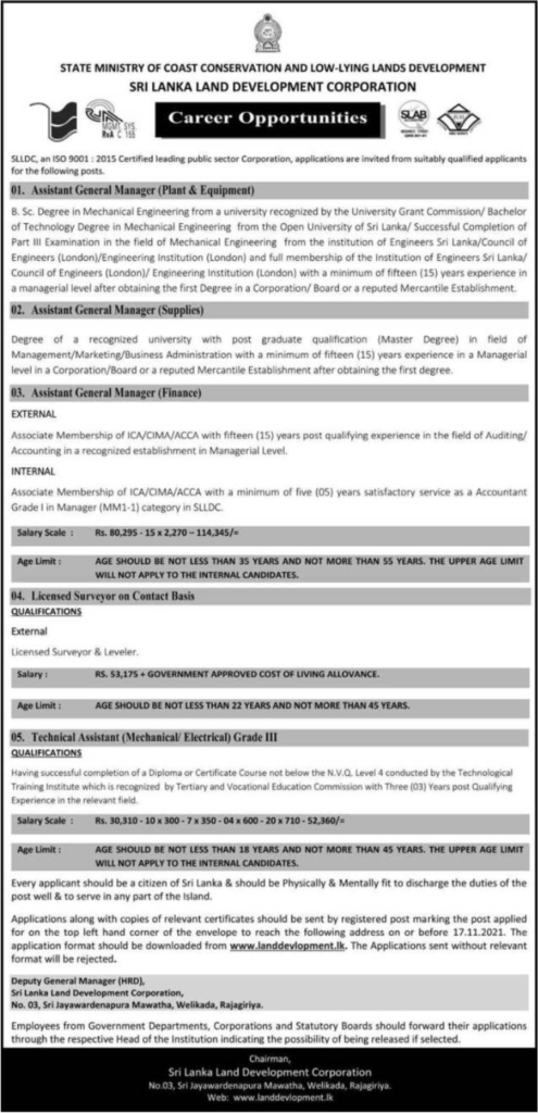 Sri Lanka Land Development Corporation Vacancies 2021