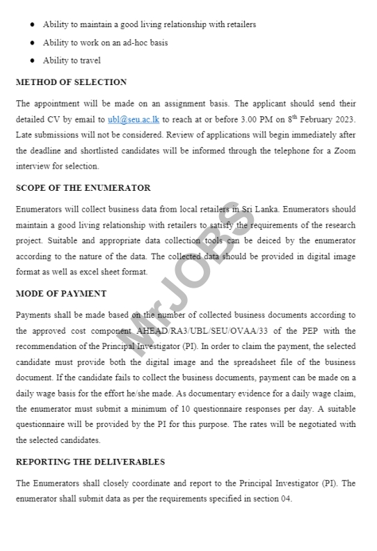 Enumerator - South Eastern University of Sri Lanka Vacancies 2023 2