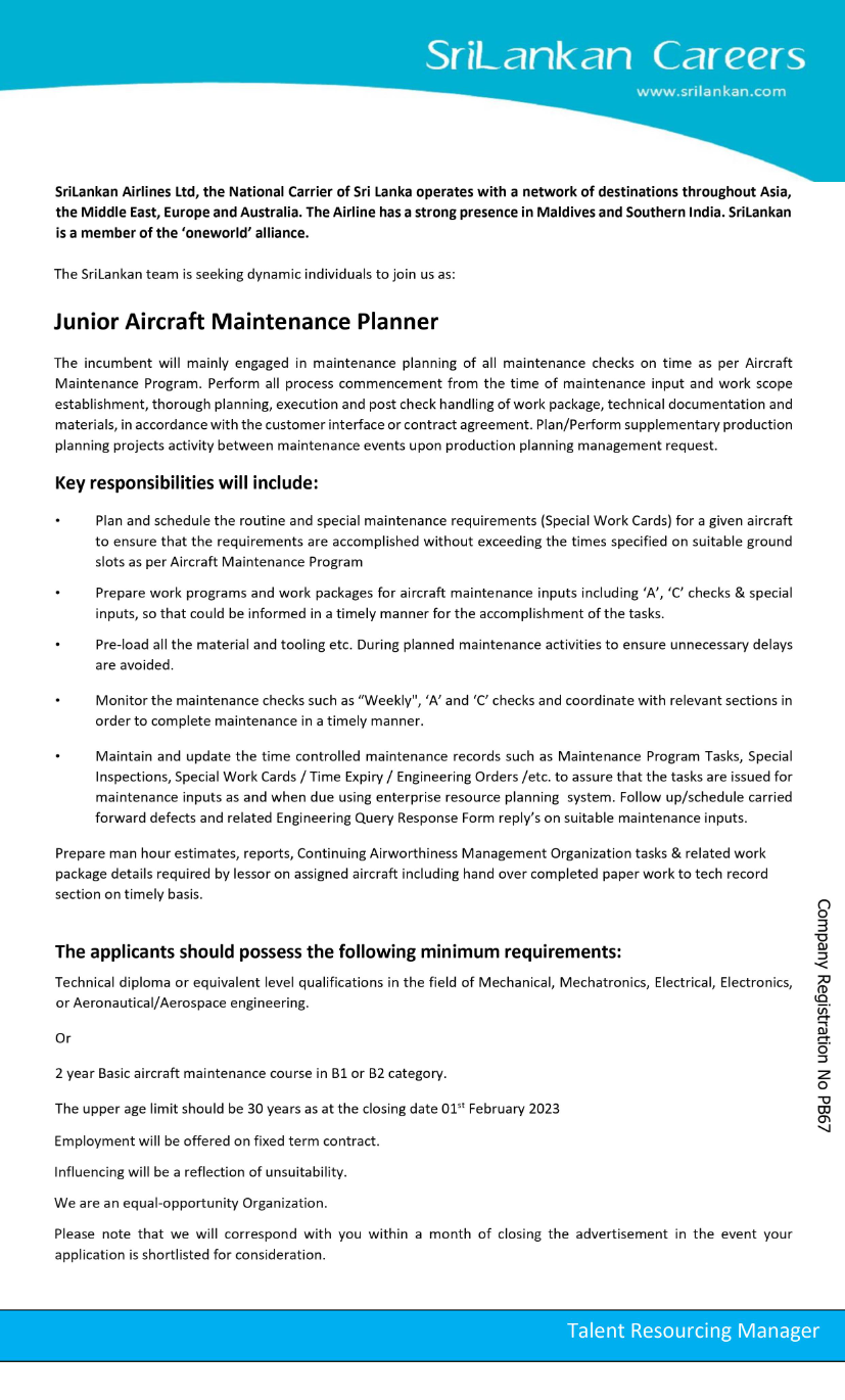 Junior Aircraft Maintenance Planner – Sri Lankan Airlines Vacancies 2023