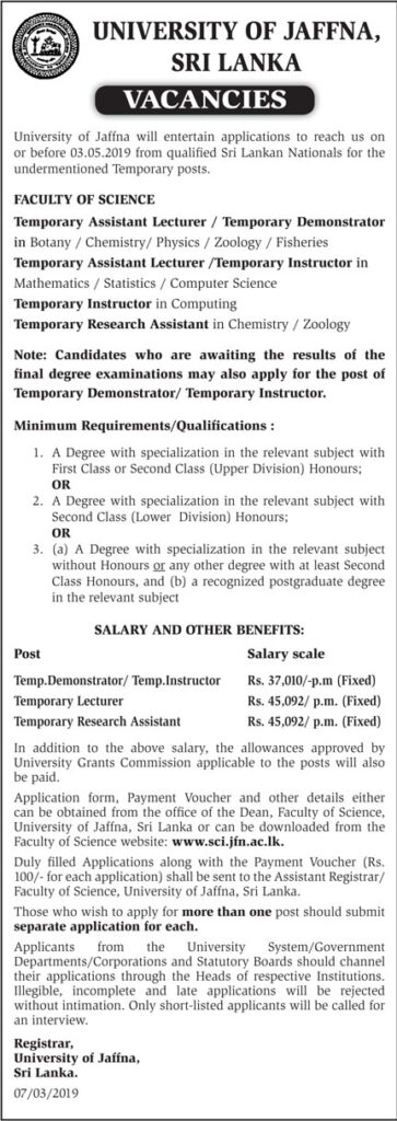 Temporary Assistant Lecturer Temporary Demonstrator Temporary Instructor Temporary Research Assistant  University of Jaffna 2019