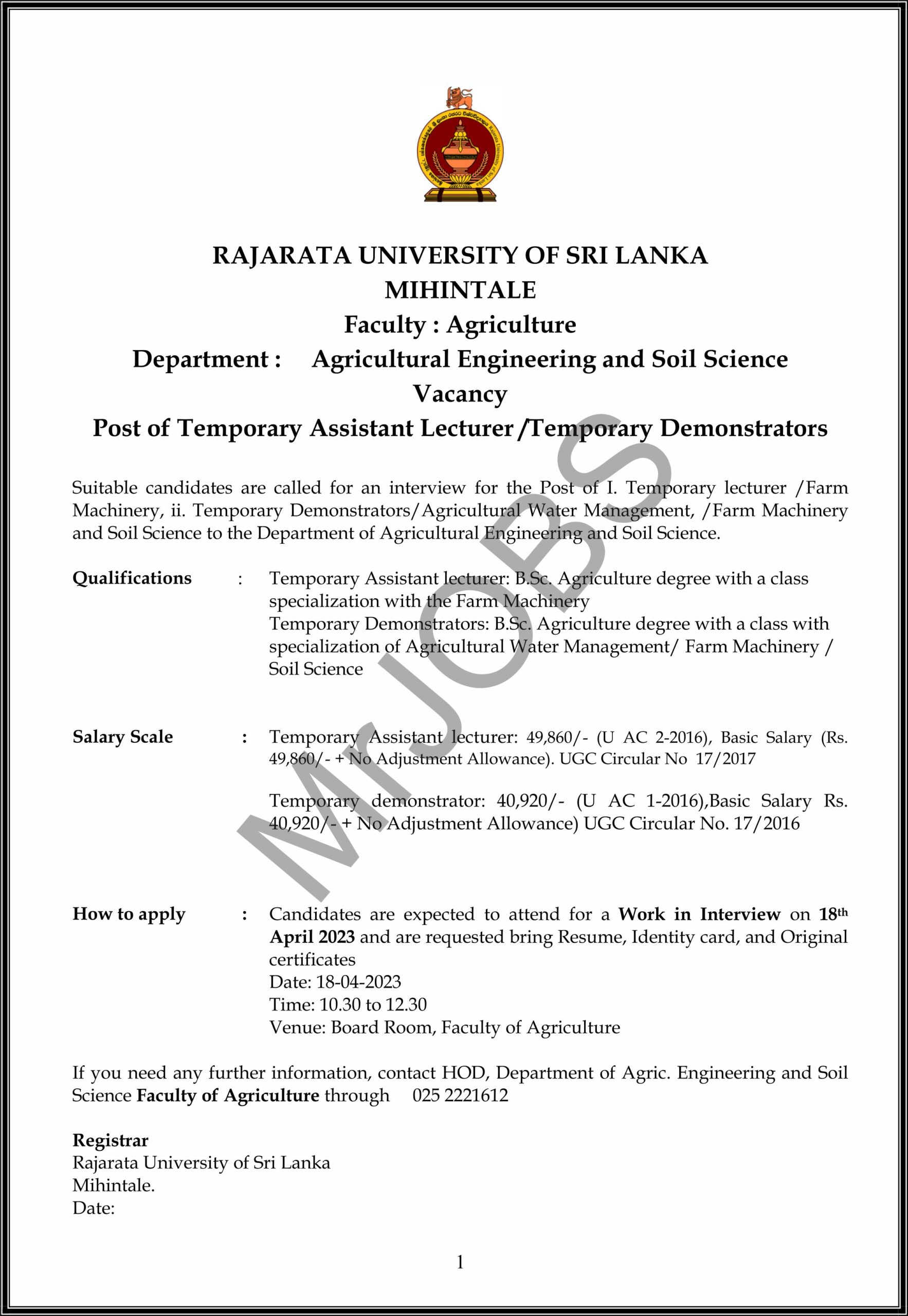 Temporary Assistant Lecturer Temporary Demonstrator Rajarata University Of Sri Lanka 5446