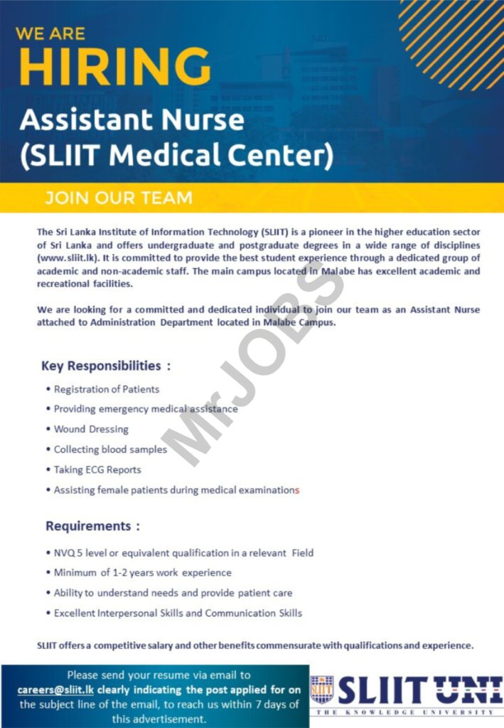 Assistant Nurse SLIIT Medical Center Job Vacancies 2023