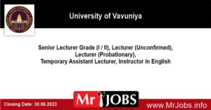 Senior Lecturer Temporary Assistant Lecturer Instructor in English University of Vavuniya Vacancies 2023