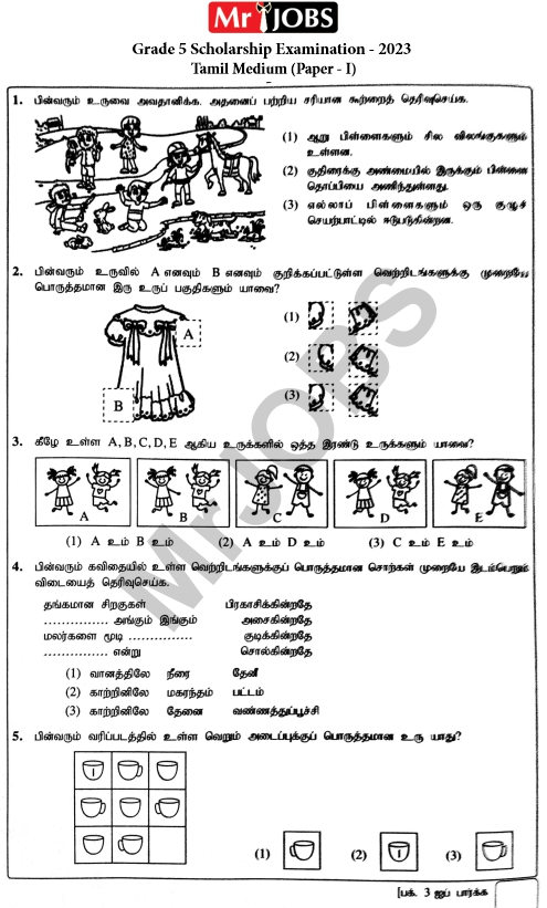 Grade 5 Scholarship Past papers Tamil Medium Part I 2023
