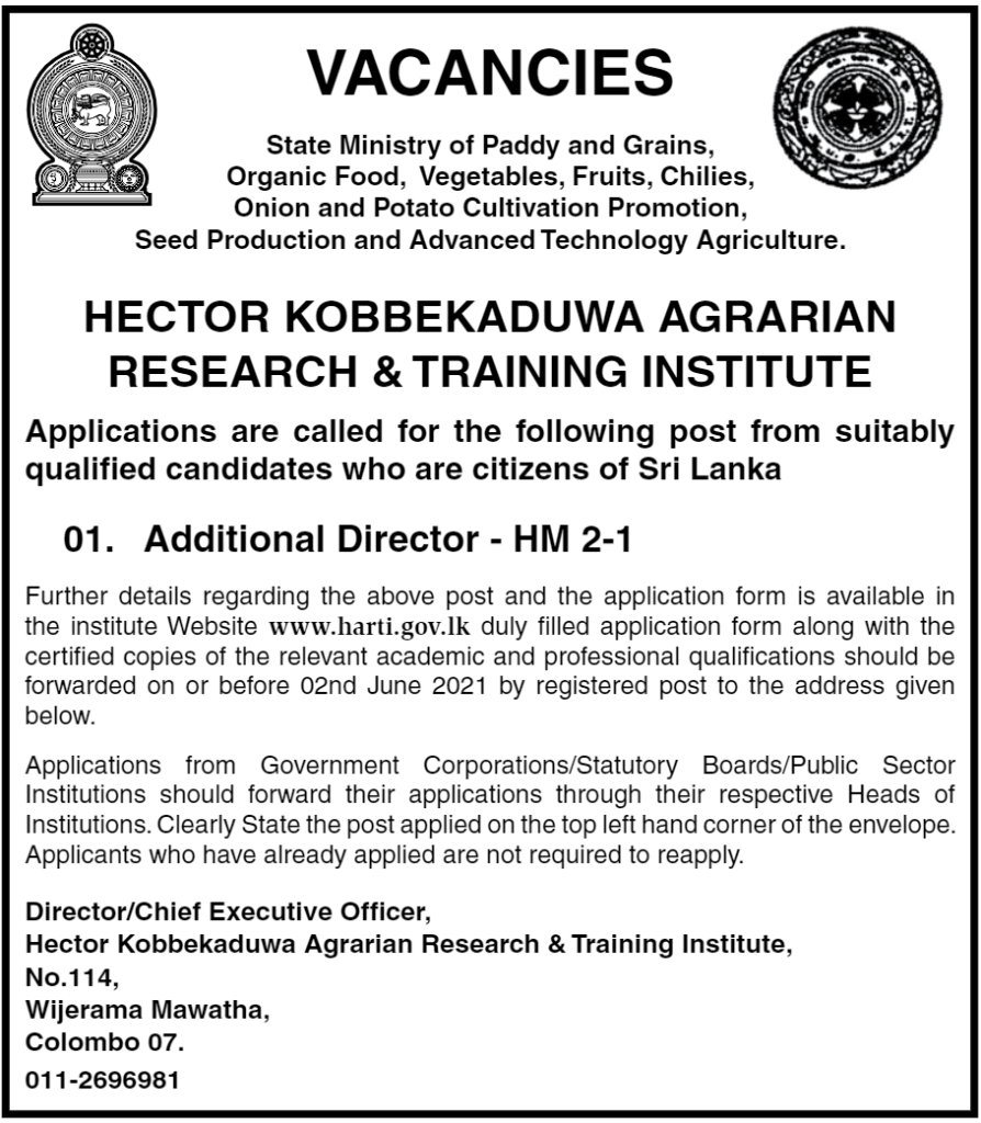 Additional Director – Hector Kobbekaduwa Agrarian Research and Training Institute