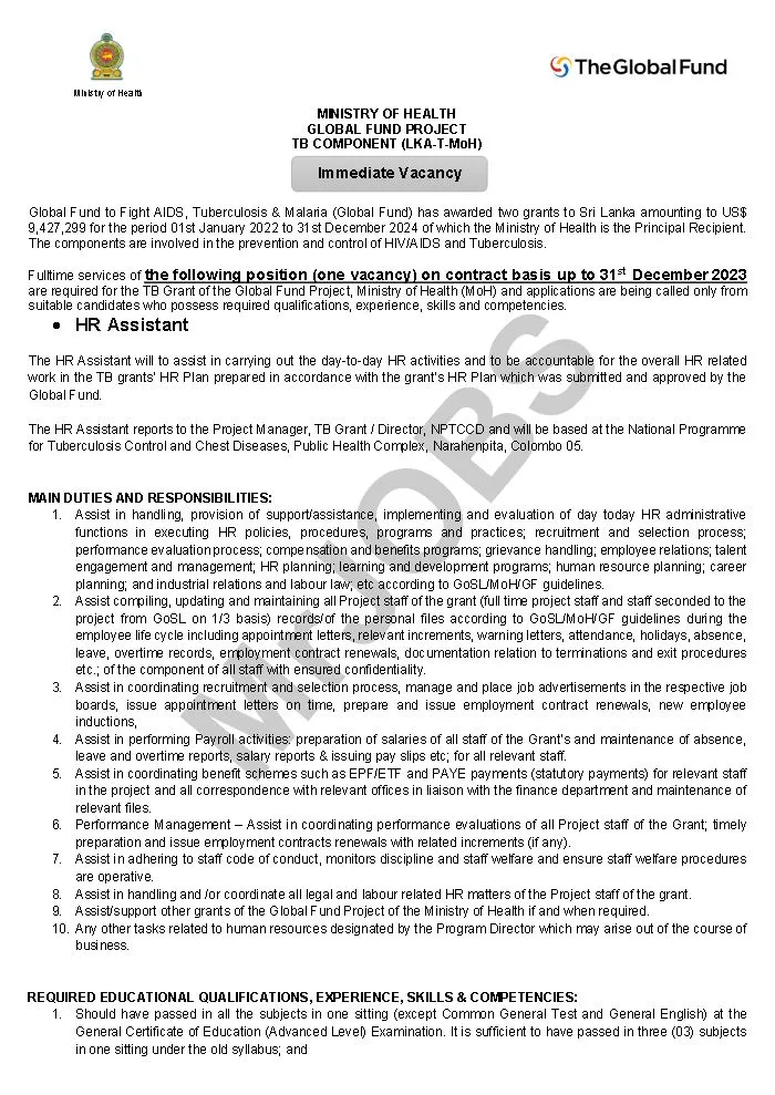 HR Assistant  Ministry of Health Vacancies 2023 1