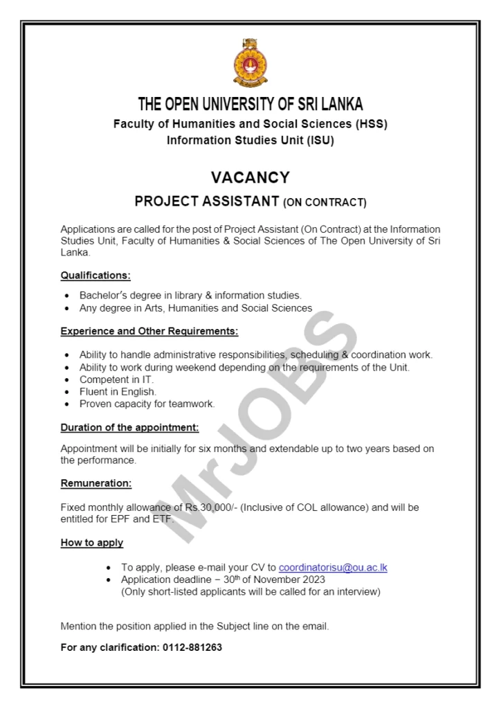 Open University of Sri Lanka Project Assistant Vacancies 2023