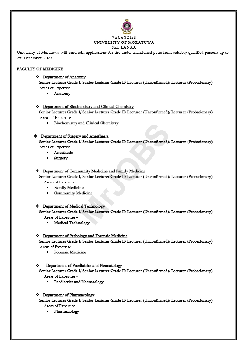 University of Moratuwa Vacancies 2024 Lecturer Senior Lecturer 1