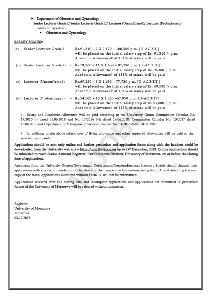 University of Moratuwa Vacancies 2024 Lecturer Senior Lecturer 2