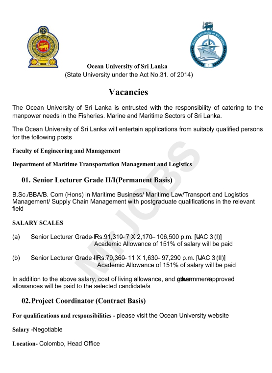 Ocean University of Sri Lanka Jobs Vacancies 2024 1
