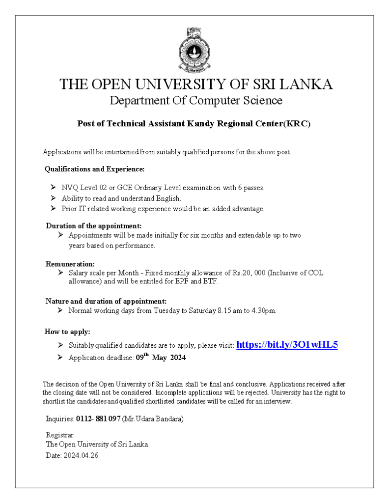 Technical Assistant  Information Assistant Vacancies 2024  Open University of Sri Lanka 2024 2